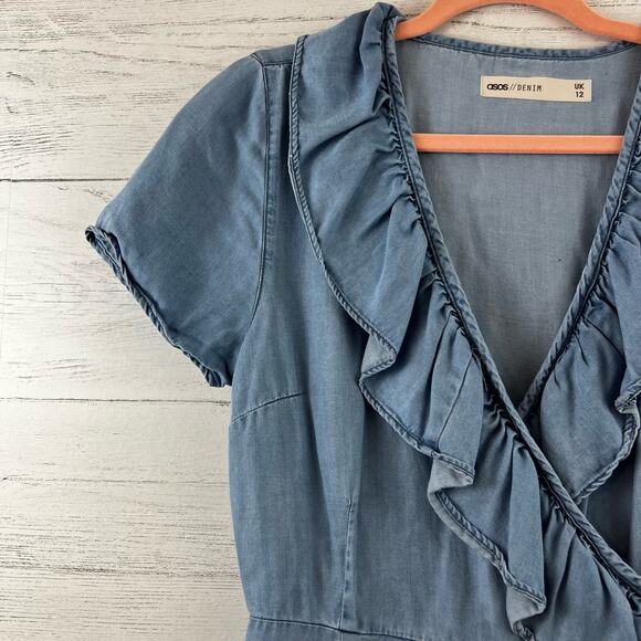ASOS Chambray Wrap Ruffle Trim Short Sleeve Dress Size 8 - Picture 6 of 10